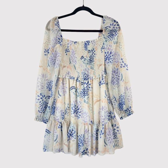 ARITZIA Wilfred Dress Blue Tempest Mini Smocked Puffed Floral Babydoll Boho XS - Picture 1 of 11